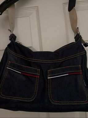 Tommy Hilfiger Dark Blue Denim Messenger Bag with Red & White Accents
